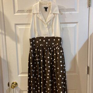NEW DIRECTION MIDI DRESS 6 Brown Polka Dots Pleated Lining Belted Sleeveless
